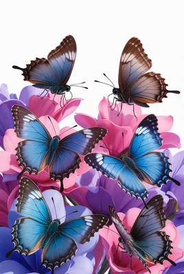 Blue Butterflies on Pink Flowers