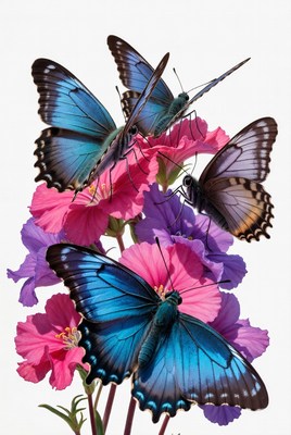 Blue Butterflies on Pink Purple Flowers