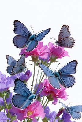Blue Butterflies on Pink Flowers