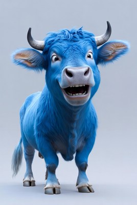 Blue cartoon bull smiling with wide eyes