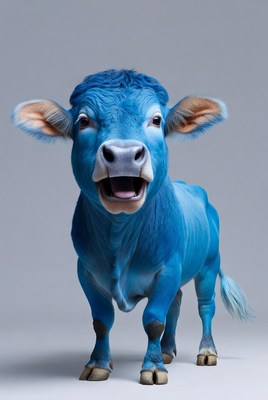 Blue Cow Laughing on Gray Background