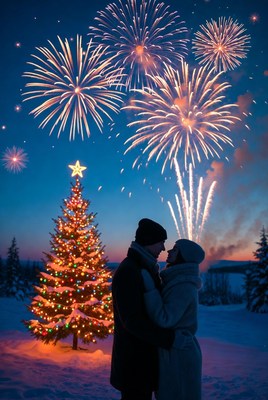 Couple embracing by Christmas tree with fireworks