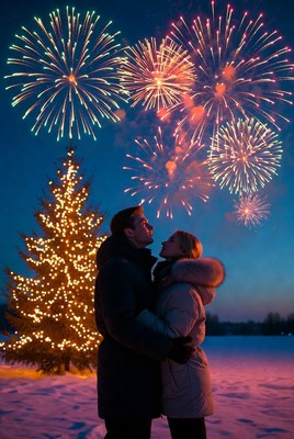Couple embracing by Christmas tree with fireworks