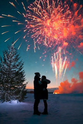 Couple watching fireworks by Christmas tree