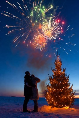 Couple embracing by Christmas tree fireworks