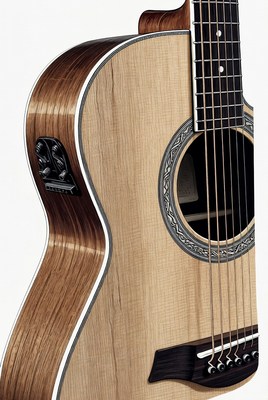 Closeup of parlor acoustic guitar