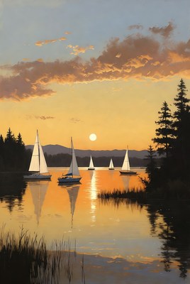 Sailboats on Lake at Sunset