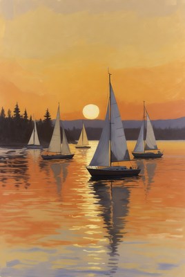 Sailboats on lake at sunset