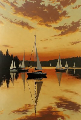 Sailboats on Lake at Sunset