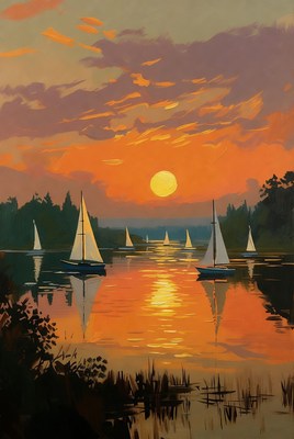 Sailboats on Lake at Sunset