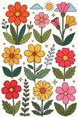 Colorful Flowers Illustration with Sun