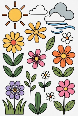 Colorful Flowers Sun Clouds Illustration