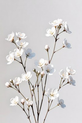 White Cherry Blossoms on Gray Background