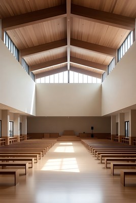 Empty Wooden Church Interior with Pews