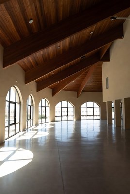 Empty hall with wooden beamed ceiling