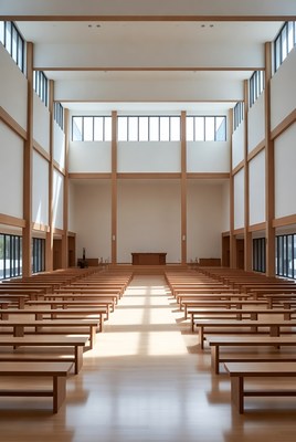 Empty Wooden Church Interior with Pews