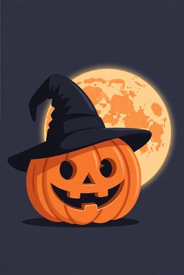 Jack-o-lantern with witch hat and moon