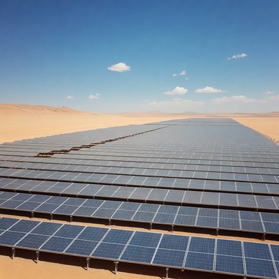 Solar panels in desert landscape