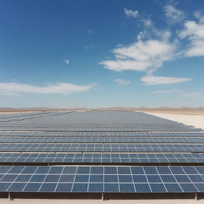 Solar panels in desert landscape