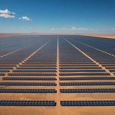 Solar panels in desert landscape