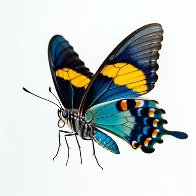 Blue and yellow butterfly wings spread