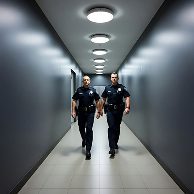 Two police officers walking in corridor