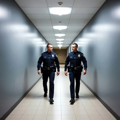 Two police officers walking in hallway