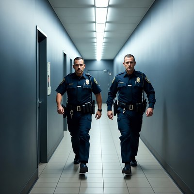 Two police officers walking in hallway