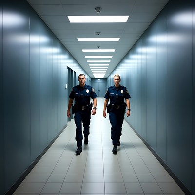 Two police officers walking in corridor