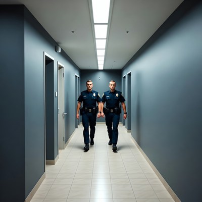 Two police officers walking in hallway