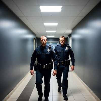 Two male police officers walking in hallway