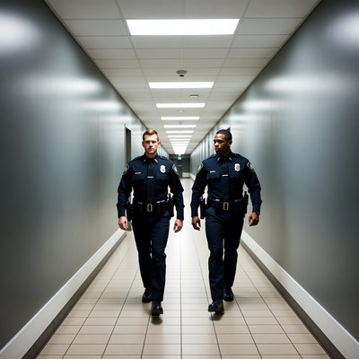 Two police officers walking in hallway
