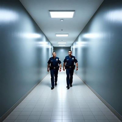 Two police officers walking in corridor