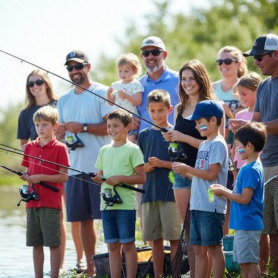 Family fishing together by lake