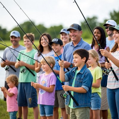 Family fishing together by lake