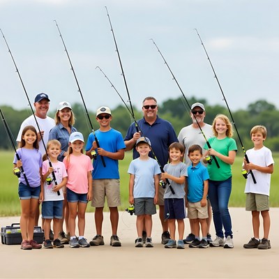 Large family fishing together outdoors