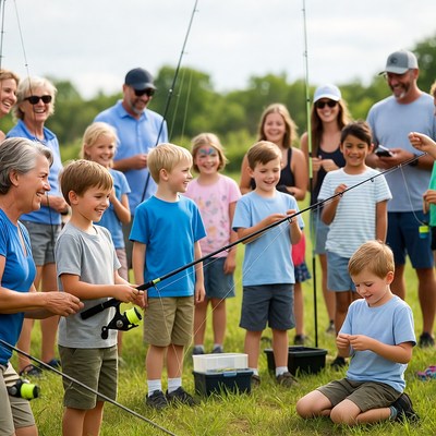 Family fishing together outdoors