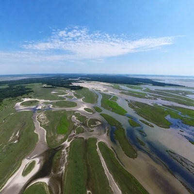Aerial View of River Delta Wetlands