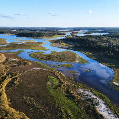 Aerial View of River Wetlands Landscape