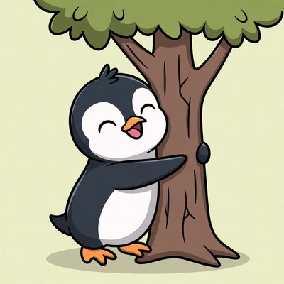 Cute Penguin Hugging Tree