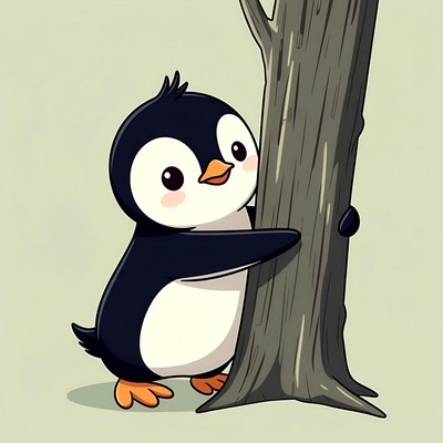 Cute cartoon penguin hugging tree