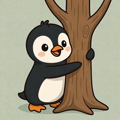 Cute penguin hugging tree