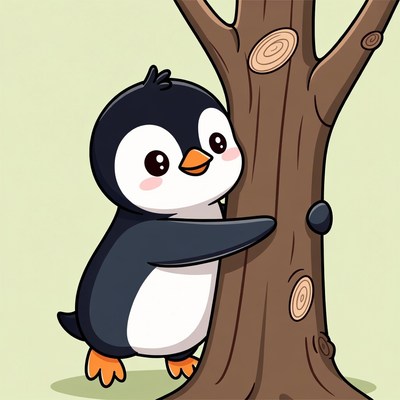 Cute cartoon penguin hugging tree