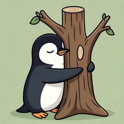 Cute Penguin Hugging Tree Stump