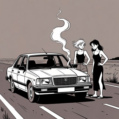 Two women beside smoking car