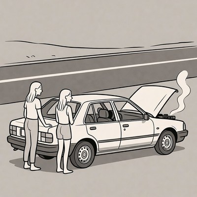 Two women inspecting broken car