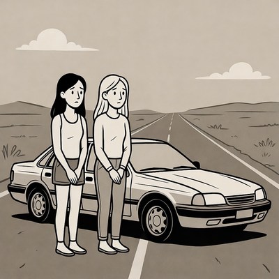 Two women standing by stranded car