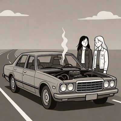 Two women inspecting broken car engine