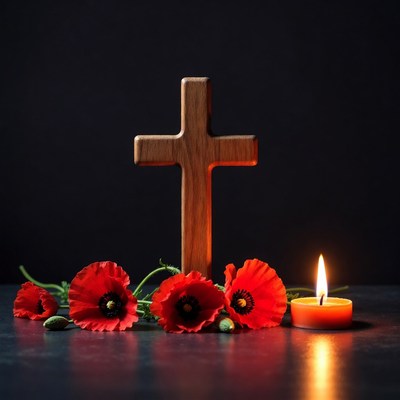 Wooden Cross with Red Poppies and Candle
