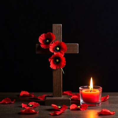 Poppy Flowers on Wooden Cross with Candle